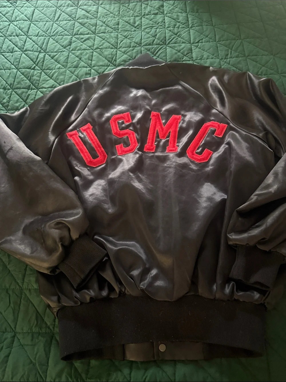 Black Satin Jacket with Red 'USMC' Lettering